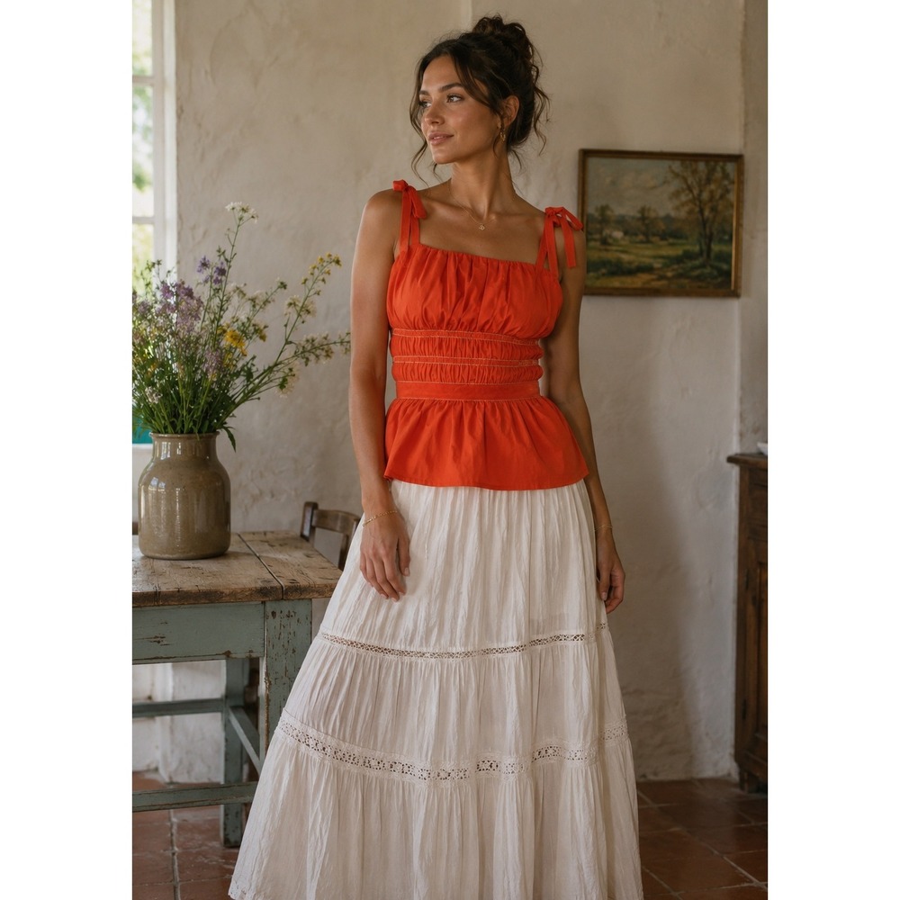 Maeve Anthropologie Smocked Tank Top S Orange Cottage Boho Prairie Peasant Chic